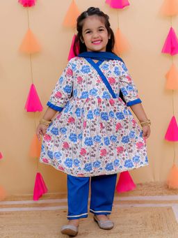 AJ Dezines - Blue Cotton Floral Kurta and Pant with Dupatta (Set of 3)