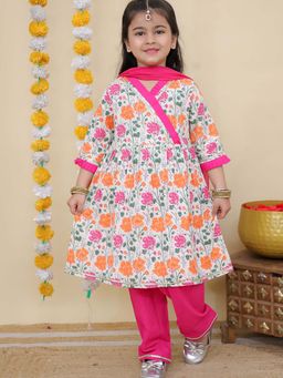 AJ Dezines - Pink Cotton Floral Kurta and Pant with Dupatta (Set of 3)
