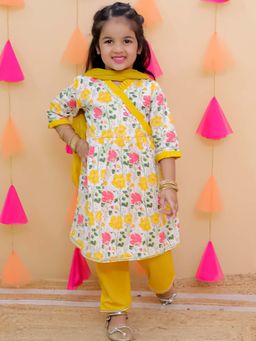 AJ Dezines - Yellow Cotton Floral Kurta and Pant with Dupatta (Set of 3)