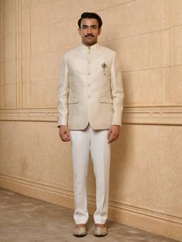 TASVA - Beige Woven Bandhgala and Pant