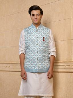 TASVA - Sky Blue Printed Bundi