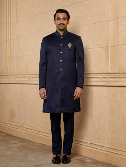 TASVA - Navy Blue Woven Bandhgala and Pant