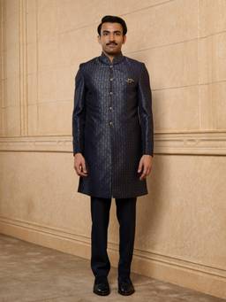 TASVA - Navy Blue Woven Bandhgala and Pant