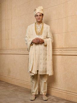 TASVA - Beige Zardozi Embroidered Sherwani Kurta Pant with Dupatta