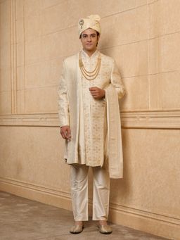 TASVA - Ivory Zardozi Embroidered Sherwani Kurta Pant with Dupatta