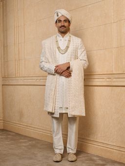 TASVA - Ivory Zardozi Embroidered Sherwani Kurta Pant with Dupatta