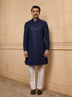 TASVA - Navy Blue Zardozi Embroidered Sherwani Kurta and Pant