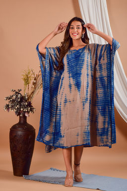 Maaesa - Beige & Blue Hand Dyed Kaftan Dress
