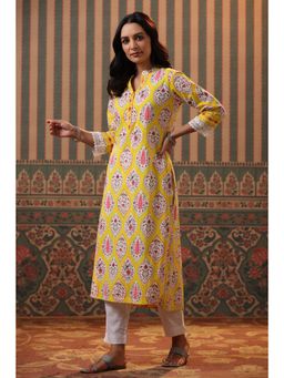 Rain & Rainbow - Women Yellow Ethnic Motifs Printed Cotton Straight Kurta