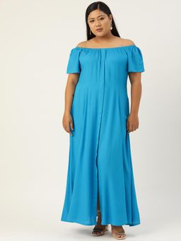 theRebelinme - Plus Size Womens Turquoise Solid Color Off-shoulder Maxi Dress