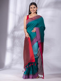 CHARUKRITI - Teal Pure Cotton Handwoven Soft Saree & Zari Pallu with Unstitched Blouse