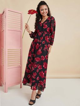 Styli - Black Long Sleeves V Neck Floral Print A-line Maxi Dress