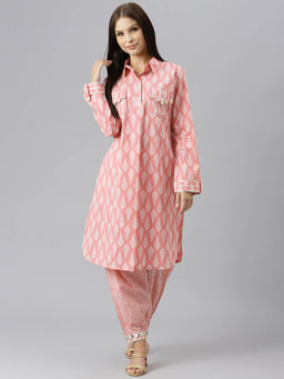 Divena - Pink Cotton Shirt Style Kurta Hem Cuffed Pant Co-Ord (Set of 2)