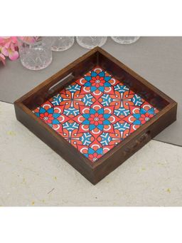 Oggn - Blue Floral Printed Wooden Brown Square Serving Tray