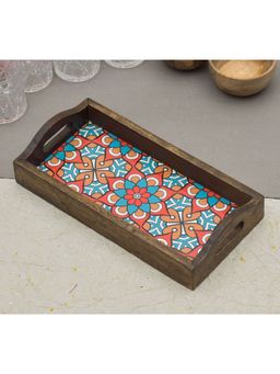 Oggn - Blue Floral Printed Wooden Brown Rectangle Serving Tray