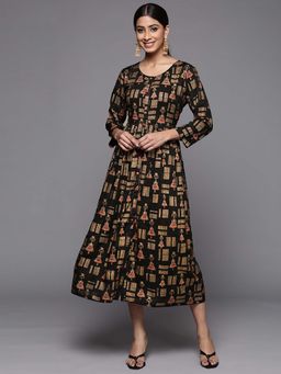 Varanga - Gehan Women Black Gold Printed Dress with Round Neck