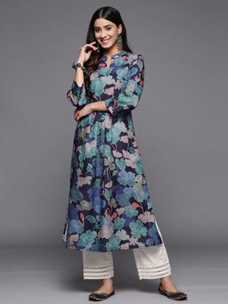Varanga - Gehan Women Blue Floral Printed Kurta with Mandarin Collar