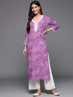 Varanga - Gehan Women Purple Lehariya Printed Kurta with Embroidered Neckline