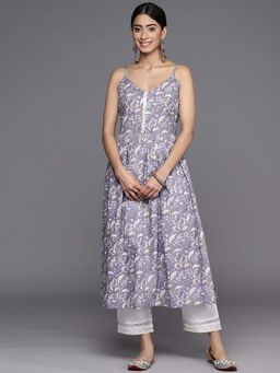 Varanga - Gehan Women Purple Floral Printed Spaghetti Strap A Line Kurta