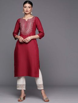 Varanga - Gehan Women Maroon Round Neck Yoke Embroidered Straight Kurta