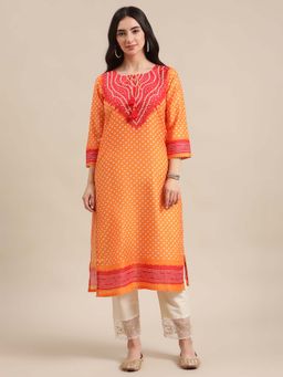 Varanga - Gehan Mustard Bandhej Printed Straight Kurta with 3/4Th Sleeves