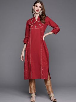 Varanga - Gehan Women Maroon Straight Kurta with Embroidered Yoke