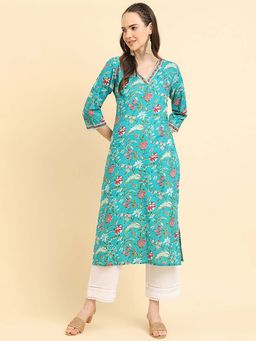 Varanga - Gehan Women Turquoise Blue Floral Printed Straight Kurta