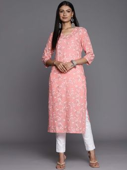 Varanga - Gehan Womens Peach Khari Floral Printed Straight Kurta