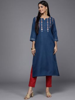 Varanga - Gehan Blue Straight Kurta with Embroidered Yoke