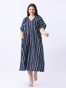 Qurvii - Navy Blue Stripe Loose Fit Midi Dress