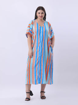 Qurvii - Multi-Color stripe with front slit loose fit Midi dress