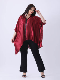 Qurvii - Maroon satin detailing in placket sequence Kaftan Top