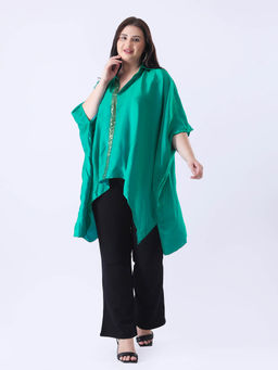 Qurvii - Teal satin detailing in placket sequence Kaftan Top