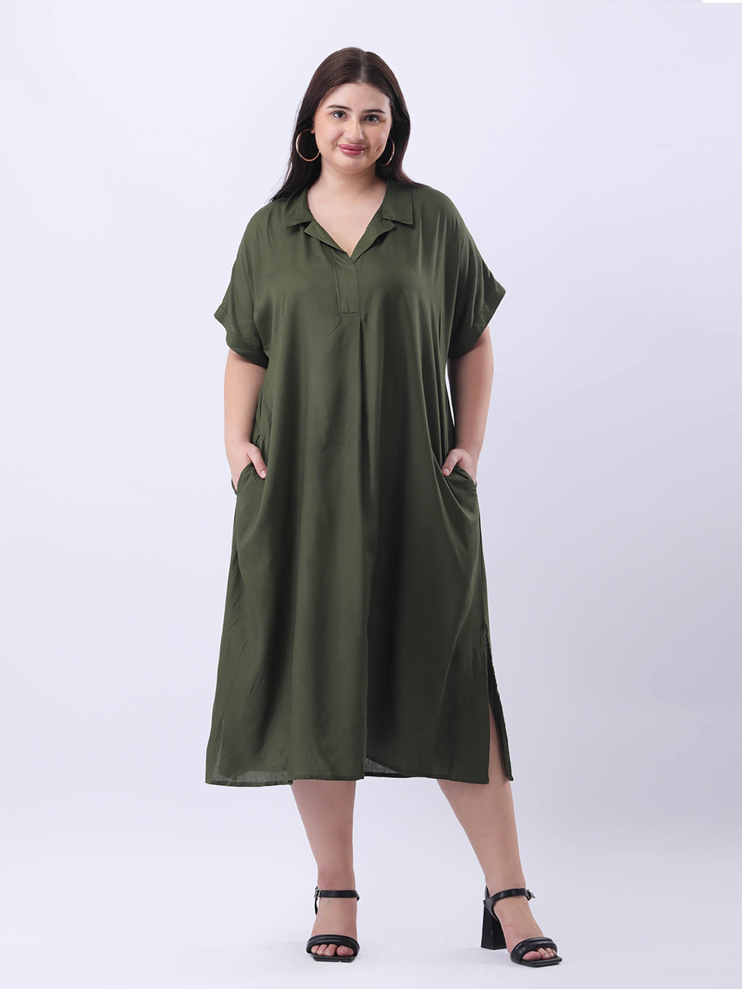 qurvii Olive rayon oversize Midi dress-picture-19