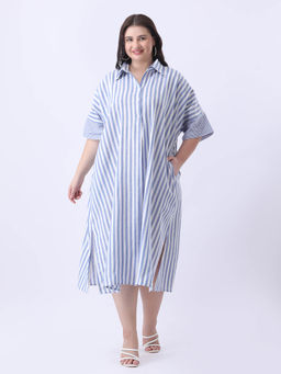 Qurvii - Blue stripe linen oversize Midi dress