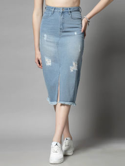 COSMIC TRIO - Distressed Denim Midi Skirt