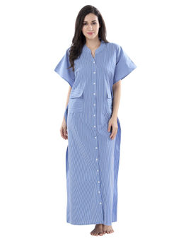PIU - Women's Cotton Full Front Open Kaftan Nighty - Blue (Free Size)