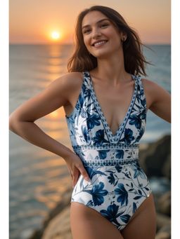 Addery - Blue And White Floral Print Monokini - Stylish Swimwear For Women