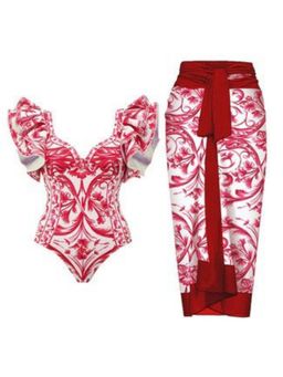 Addery - Red And White Floral One-Piece Swimsuit With Matching Sarong (Set of 2)