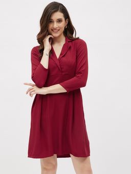 Kibo - Womens Maroon Lapel Collar Pleated Dress