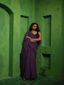 Huts and Looms - Purple Mul Cotton Sequined Lines Saree Without Blouse