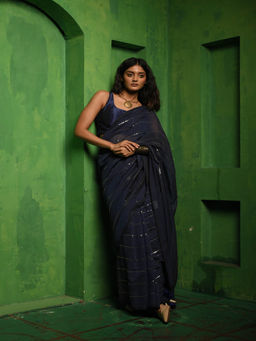 Huts and Looms - Teal Mul Cotton Sequined Lines Saree Without Blouse