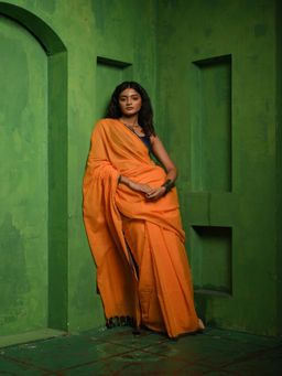 Huts and Looms - Orange Solid Mul Cotton Saree Without Blouse