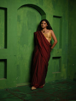 Huts and Looms - Maroon Solid Mul Cotton Saree Without Blouse