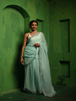 Huts and Looms - Blue Cotton Lace Border Saree Without Blouse