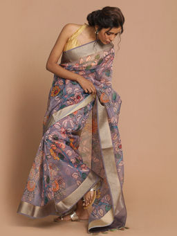 Indethnic - Banarasi Steel Grey Printed Party Wear Saree With Unstitched Blouse