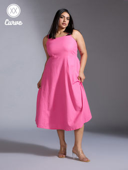 Twenty Dresses by Nykaa Fashion - Curve Candy Pink Scallop Neck Fit and Flare Linen Midi Dress