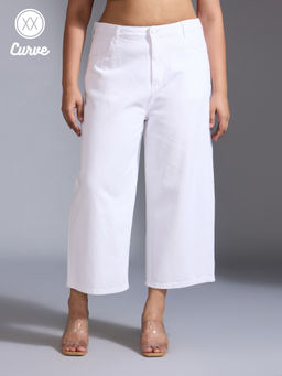 Twenty Dresses by Nykaa Fashion - Curve White Solid High Waist Culotte Denims