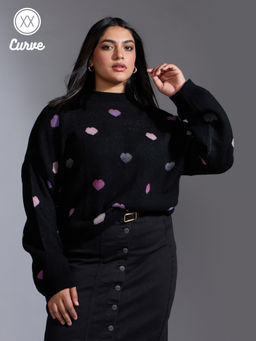 Twenty Dresses by Nykaa Fashion - Curve Black and Pink Printed Heart Full Sleeves Sweater