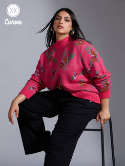 Twenty Dresses by Nykaa Fashion - Curve Fuchsia Pink Floral Print High Neck Sweater